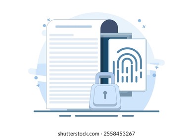 Concept of secure or private data secret file, Security protection through touch fingerprint or fingerprint on document on device, fingerprint access privacy identification. vector illustration.