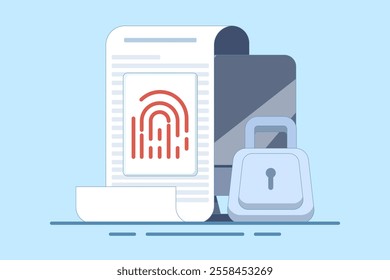 Concept of secure or private data secret file, Security protection through touch fingerprint or fingerprint on document on device, fingerprint access privacy identification. vector illustration.