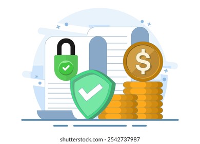 Concept of secure private key document for money as deposit slip agreement or cash income guarantee, privacy protection padlock on stack of coins, closed access permission.