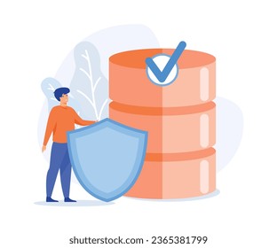  Concept of secured database, Man holding shield and server or hard disks, flat vector modern illustration