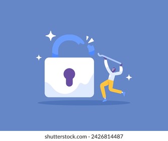 A concept of security breaches. hacking of security and protection systems. stealing user data and information. A thief or hacker who forcefully opens the lock. cyber crime. illustration concept