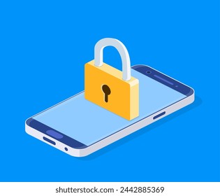 Concept security online network. isometric lock on screen phone. Mobile data security. Isometric internet security shield business concept.