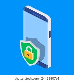 Concept security online network. isometric shield on screen phone. Mobile data security. Isometric internet security shield business concept.