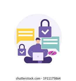 a concept of security and privacy, safe chat, protection from data theft, user protection. illustration of a man sitting cross-legged and using a laptop to chat or communicate. flat style. vector