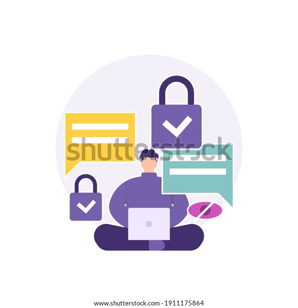 a concept of security and privacy, safe chat,\
protection from data theft, user protection. illustration of a man\
sitting cross-legged and using a laptop to chat or communicate.\
flat style. vector
