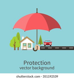 Concept of security of property, flat design. Agent holding umbrella over house. Insurance home, car, money. Vector illustration.