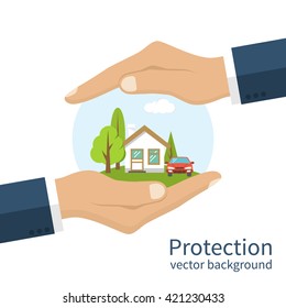 Concept security of property. Insurance home, car, money. Insurance agent holds in hand of house, protection from danger, providing security. Vector illustration flat design.