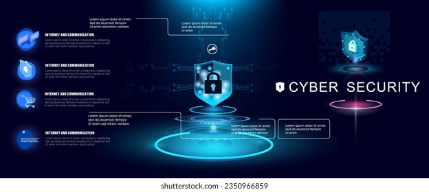 Concept of security and protection. High technology and cyber security. Futuristic cyber system against malware and hacking. Holographic security shield