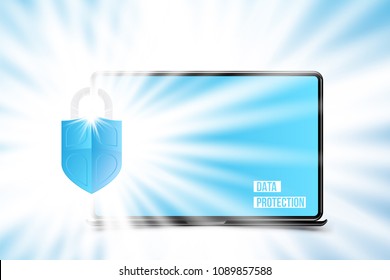 The concept of security protection icon. A realistic shield with laptop light effects and a shadow on the background.
