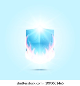The concept of security protection icon. A realistic shield with fire, light effects and shadow on the background.