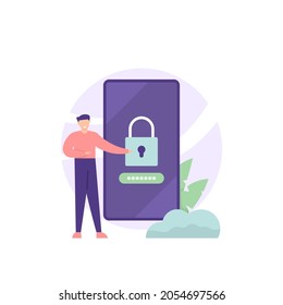 concept of security and protection system. illustration of people, padlocks, passwords, smartphones. mobile security application. People use apps to protect data on their cellphones. flat cartoon