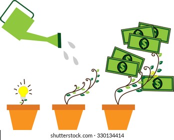 Concept seed, watering can, dollar plant. Financial growth concept. Vector illustration