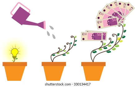 Concept seed, watering can, pound plant. Financial growth concept. Vector illustration