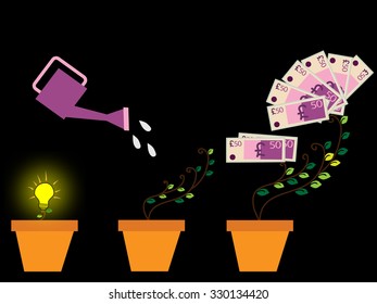 Concept seed, watering can, pound plant. Financial growth concept. Vector illustration