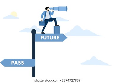 Concept of seeing business opportunities, leadership vision looking at company strategy to achieve targets, smart businessman with binocular telescope looking for visionary business.