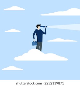 concept of seeing business Opportunity, leadership vision to see company strategy to achieve target concept, businessman driving telescope holding high cloud or binoculars looking for business visiona