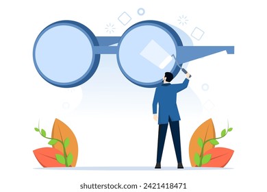 concept of Seeing a Clear Business Vision, seeing through the lens in detail or a clean and clear business view, mini worker cleans the lens of the glasses so that the owner gets a clear vision.