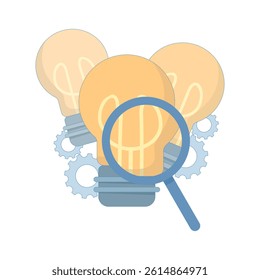 concept of seeking inspiration. finding and exploring creative ideas, solutions, innovation. research and exploration. finding solutions. magnifying glass with light. flat design illustration.