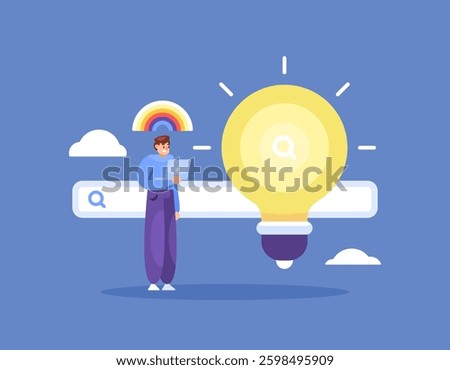 concept of seeking inspiration, ideas, and solutions. creativity, innovation, achievement. browsing and brainstorming. illustration of a man searching for information and brilliant ideas. flat style