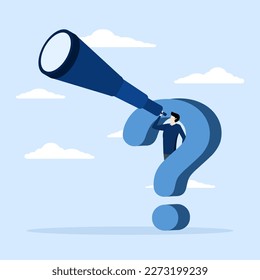 concept of seeking success, businessman with big question mark looking through binoculars for new business ideas, Curiosity exploring the unknown, looking for new business solutions or opportunities.