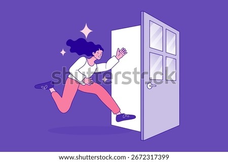 Concept of seizing a new opportunity. A motivated woman runs through an open door, representing a fresh start, a career change, and a courageous step into the future.