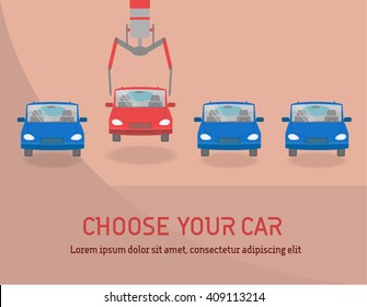 The concept of selecting machines. Choose your own car. Choosing a bright red car. Vector illustration