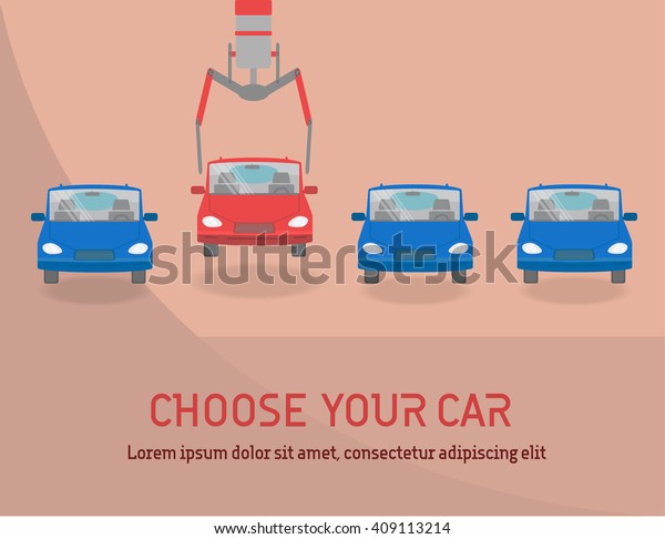 The concept of\
selecting machines. Choose your own car. Choosing a bright red car.\
Vector illustration