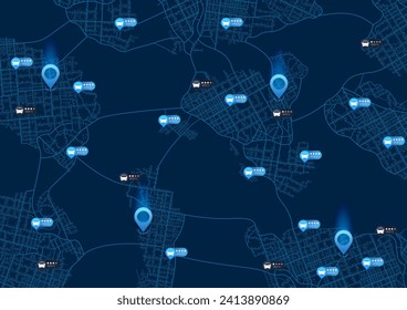 El concepto de seleccionar un coche de alquiler en el mapa. Coches con diferentes evaluaciones de su condición. Aplicación para búsqueda, alquiler de transporte. Marca de ubicación del mapa. Ilustración del vector