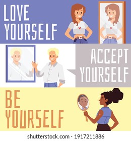 Concept of self acceptance and body positive. People happy with appearance look at their reflection in mirror with smile. Set of vector flat cartoon banners.