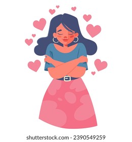 Concept of self care, self love, self acceptance, mental health, psychological help. Young girl hugging herself surrounded by hearts. Feelings of compassion, hope gratitude. The theme of charity.