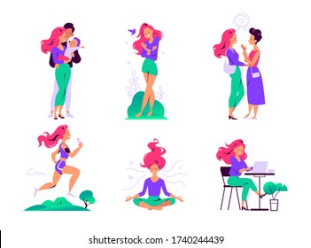 Concept for self care, mental health, healthy lifestyle. Young girl meditating, doing sports, walking, spend time with friends and family, working, taking time for herself. Vector flat illustration.
