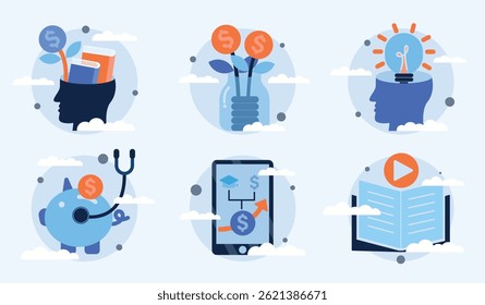 Concept of self developing investment by knowledge and education, ways to gain wealth from capital, Personal finance management, studying investment finance literacy. Vector illustration set.