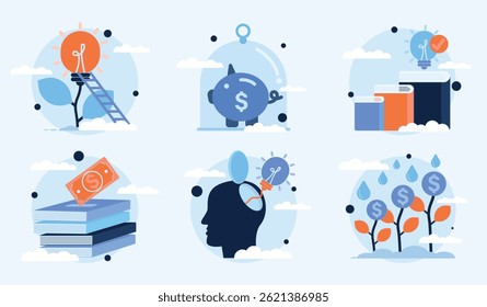 Concept of self developing investment by knowledge and education, ways to gain wealth from capital, Personal finance management, studying investment finance literacy. Vector illustration set.