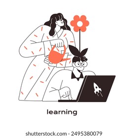 Concept of self development. Person learning remote, improves skills, gets knowledges. Clever man studies with laptop. Online education. Flat isolated outline vector illustration on white background