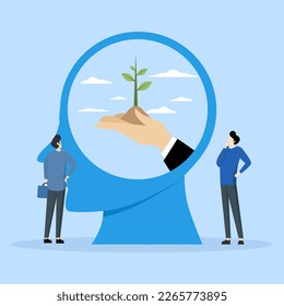 Concept of self growth, potential development, psychotherapy and analysis, pursuit of happiness, mental health care, motivation and aspiration, positive mindset, hand growing plant, vector illustratio