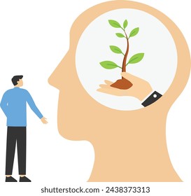 Concept of self growth, potential development, psychotherapy and analysis, pursuit of happiness, mental health care, motivation and aspiration, positive mindset, hand growing plant, vector illustratio