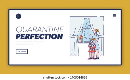 Concept Of Self Isolation During Quarantine Coronavirus Epidemic. Website Landing Page. Mother And Daughter Stay At Home On Quarantine. Web Page Cartoon Linear Outline Flat Style. Vector Illustration