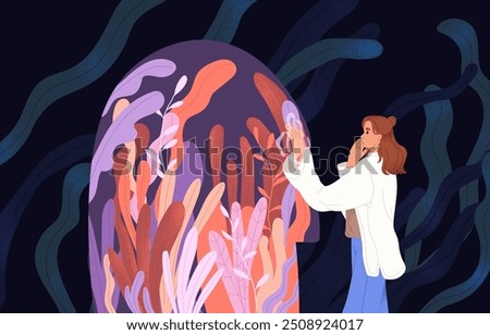 Concept of self knowledge, understanding. Psychology, mental outlook, internal mind. Discovery, search of yourself. Woman finds hope, faith, belief during inner life crisis. Flat vector illustration