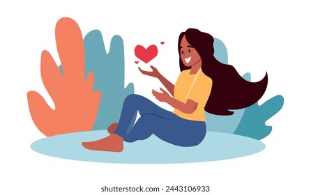concept of self love. Happy woman sitting on the floor watching hearts. vector illustration