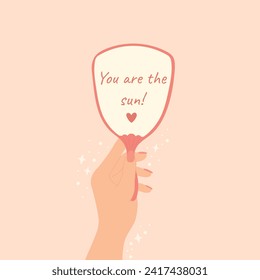 Concept of self love. Woman's hand holding mirror. Motivational quote self love positive mind concept. Motivation, inspiration, compliments, acceptance concept. Cartoon vector illustration. 