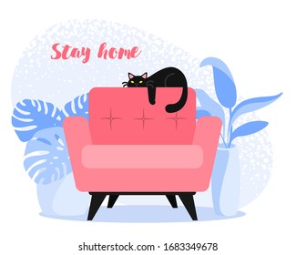 Concept of self quarantine, staying at home during pandemic of coronavirus (COVID-19). Cat lies on arm-chair. Vector illustration on flat style