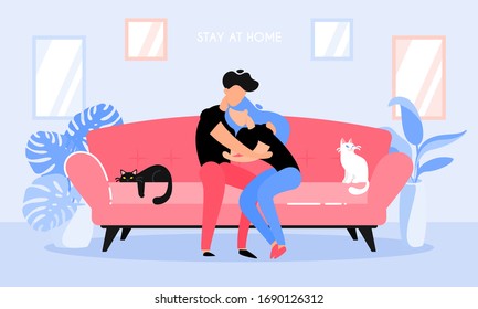 Concept of self quarantine, staying at home during pandemic of coronavirus (COVID-19). Couple sitting on sofa. Vector illustration on flat style