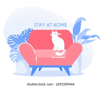 Concept of self quarantine, staying at home during pandemic of coronavirus (COVID-19). Cat lies on armchair. Vector illustration in flat style