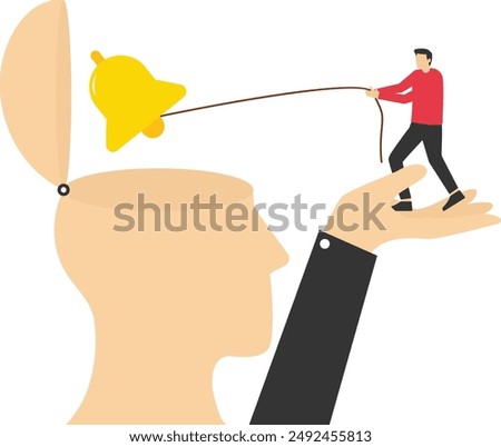 The concept of self-awareness, self-acceptance or personality concept, a psychological state in behavior or a feeling of individuality, a man rings a bell in a big head, awareness of his existence.