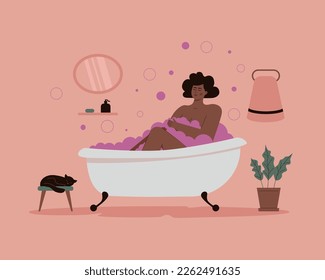 The concept of self-care. An African woman enjoys a bath, a metaphor of emotional harmony, relaxation, satisfaction from routine.