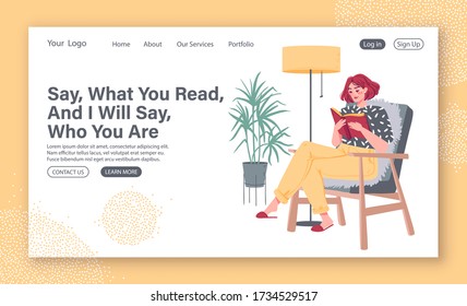 Concept of self-education, reading as an example of spending free time for landing page design. Young girl relaxing sitting in armchair  at home and reading interesting book. Cozy modern interior. 