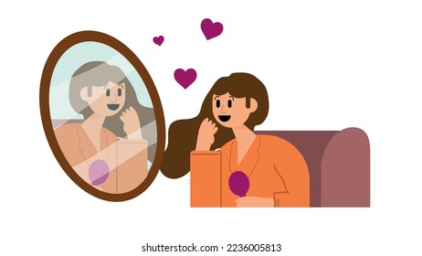 concept of self-esteem and self-love, illustration of a woman admiring herself in the mirror, self-care.