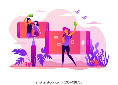 Concept of selfie culture, social network, blog, vlog, self-portrait, popularity. Colorful vector isolated concept illustration with tiny people and floral organic elements. Hero image for website.