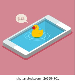 Concept of selfie and duck face. Rubber bath duck swims in the smartphone. Flat vector illustration