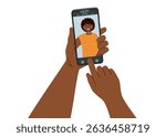 Concept of selfie on smartphone camera. Taking a photo by a phone camera. Black skin woman holding smartphone and taking a photo. Vector hand drawn clipart isolated on white.
